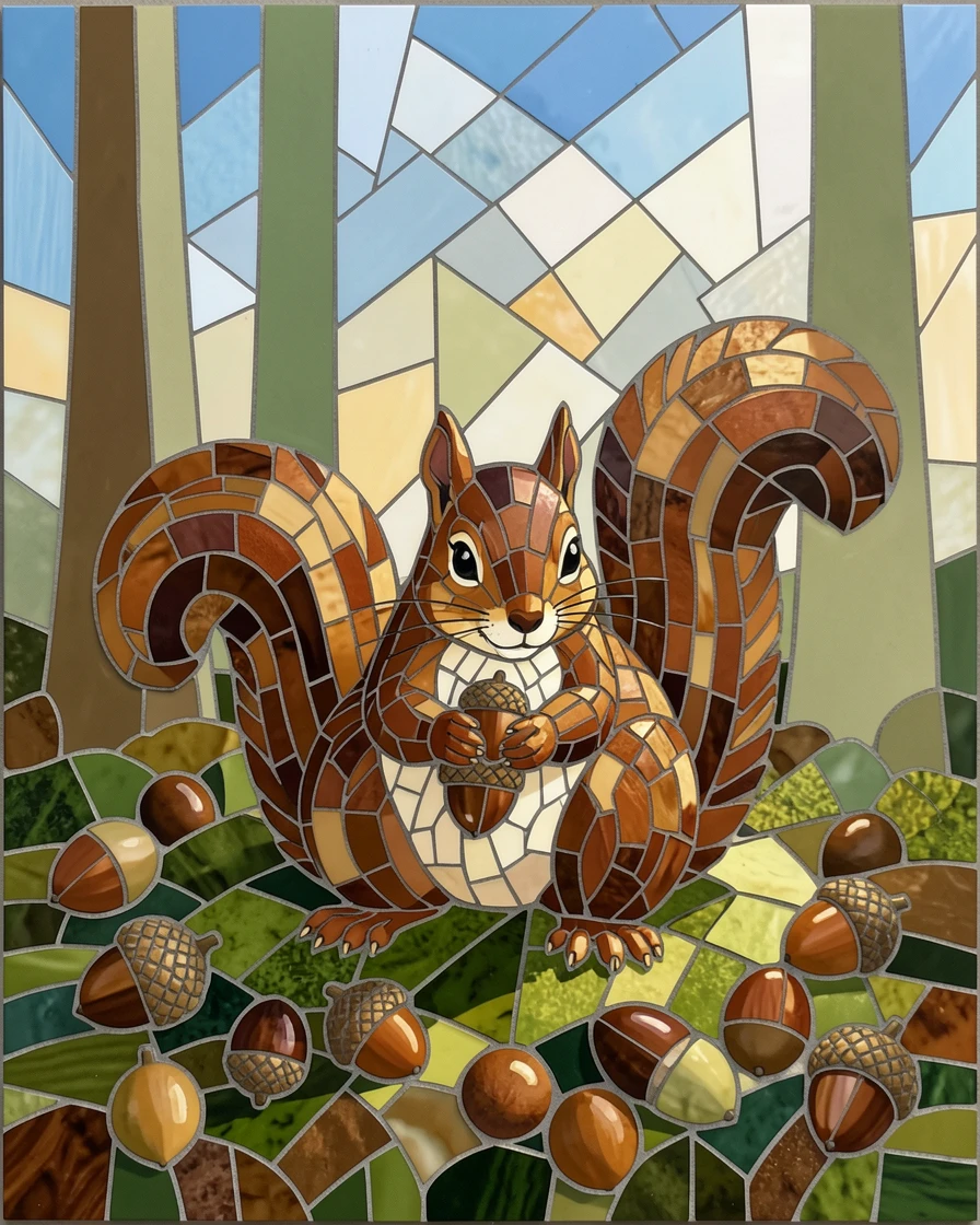 A squirrel gathering acorns on a mossy forest floor, captured in soft natural light with a shallow depth of field.
