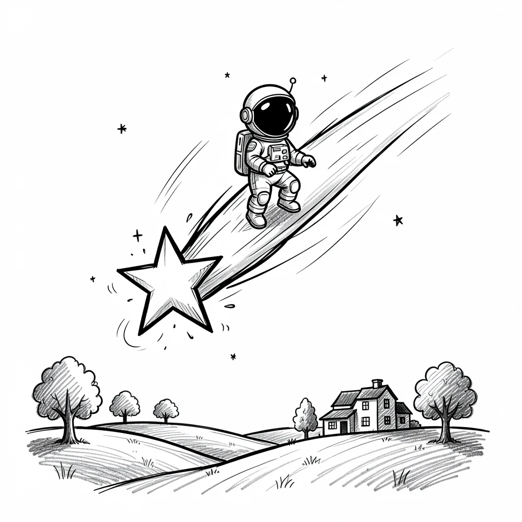 A tiny astronaut riding a shooting star above a quiet countryside at midnight.