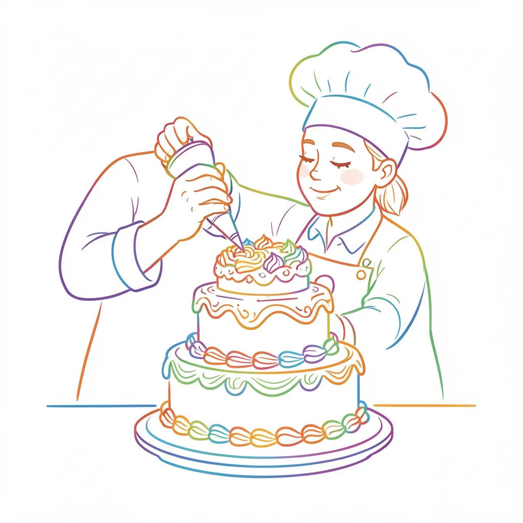 A baker piping delicate frosting details onto a tiered cake.
