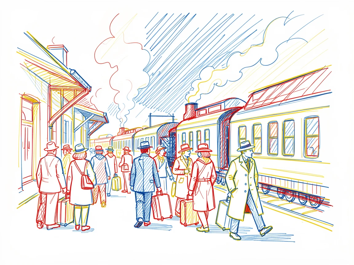 A bustling old-world train station filled with steam and travelers