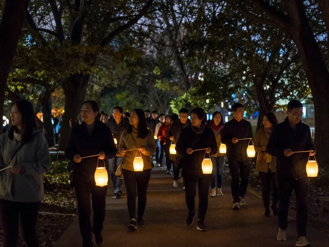 A community lantern walk winds through a dark park lit only by handmade lights.