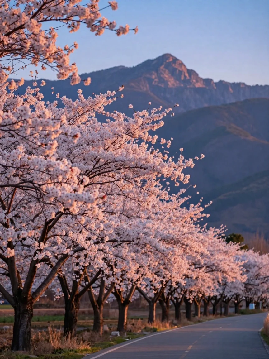 A row of blossoming cherry trees framed by a distant mountain range
