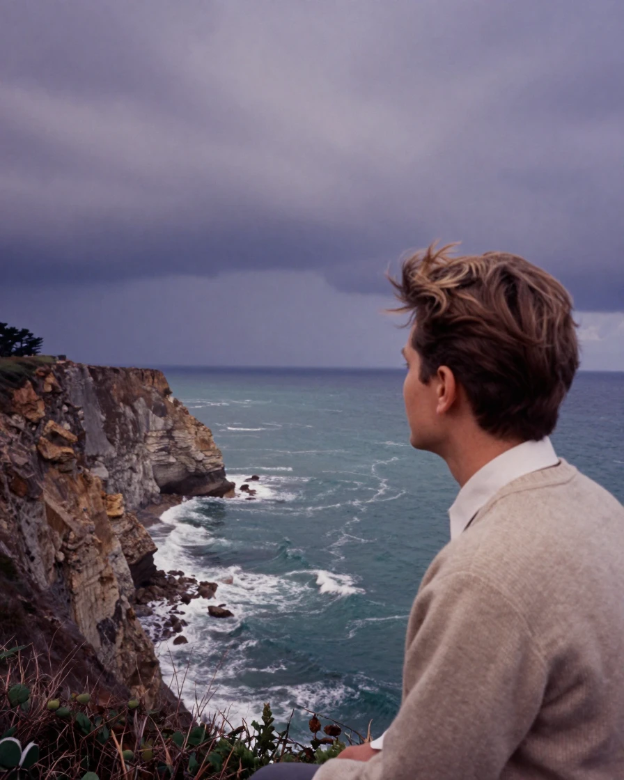 A dramatic sea cliff dropping into churning turquoise water, in cool blue twilight, under a darkening storm sky, as summer fades into fall, with a soft sepia-tinted glow, over the shoulder of the main subject.