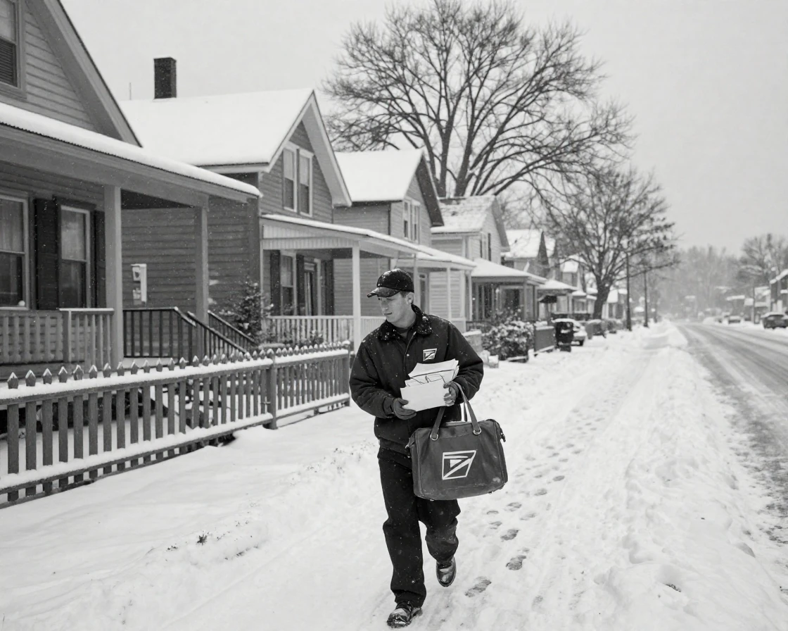 A postal worker delivers letters down a snowy street past rows of small-town houses.