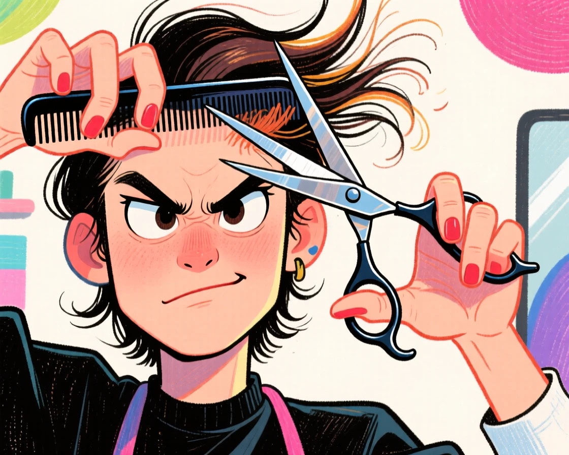 A hairstylist mid-snip, comb in one hand, scissors in the other, intense focus.