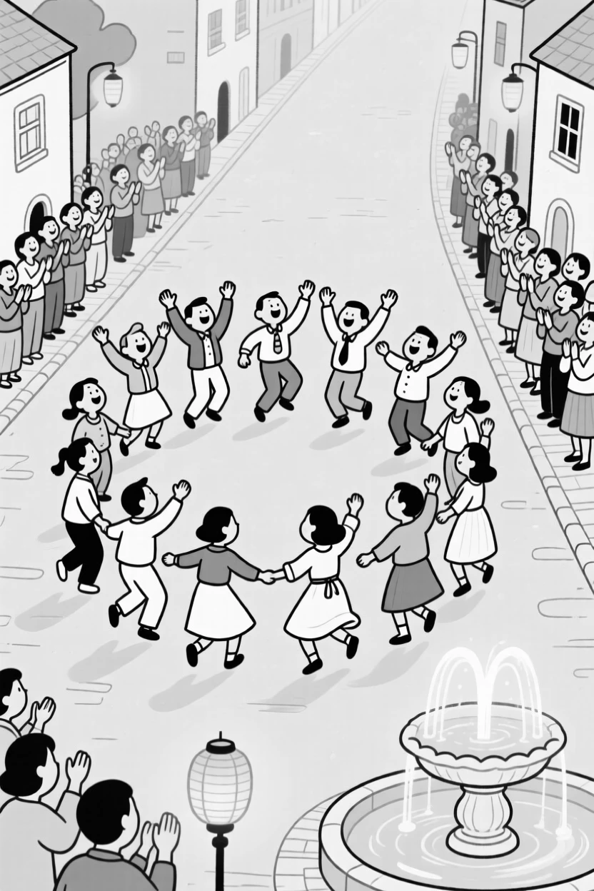 An entire village dancing together in a circle, waving triumphantly to the cheering crowd below, set along a street lined with cheering onlookers. Soft lantern light reflects off a nearby fountain. The scene overflows with communal joy and tradition.