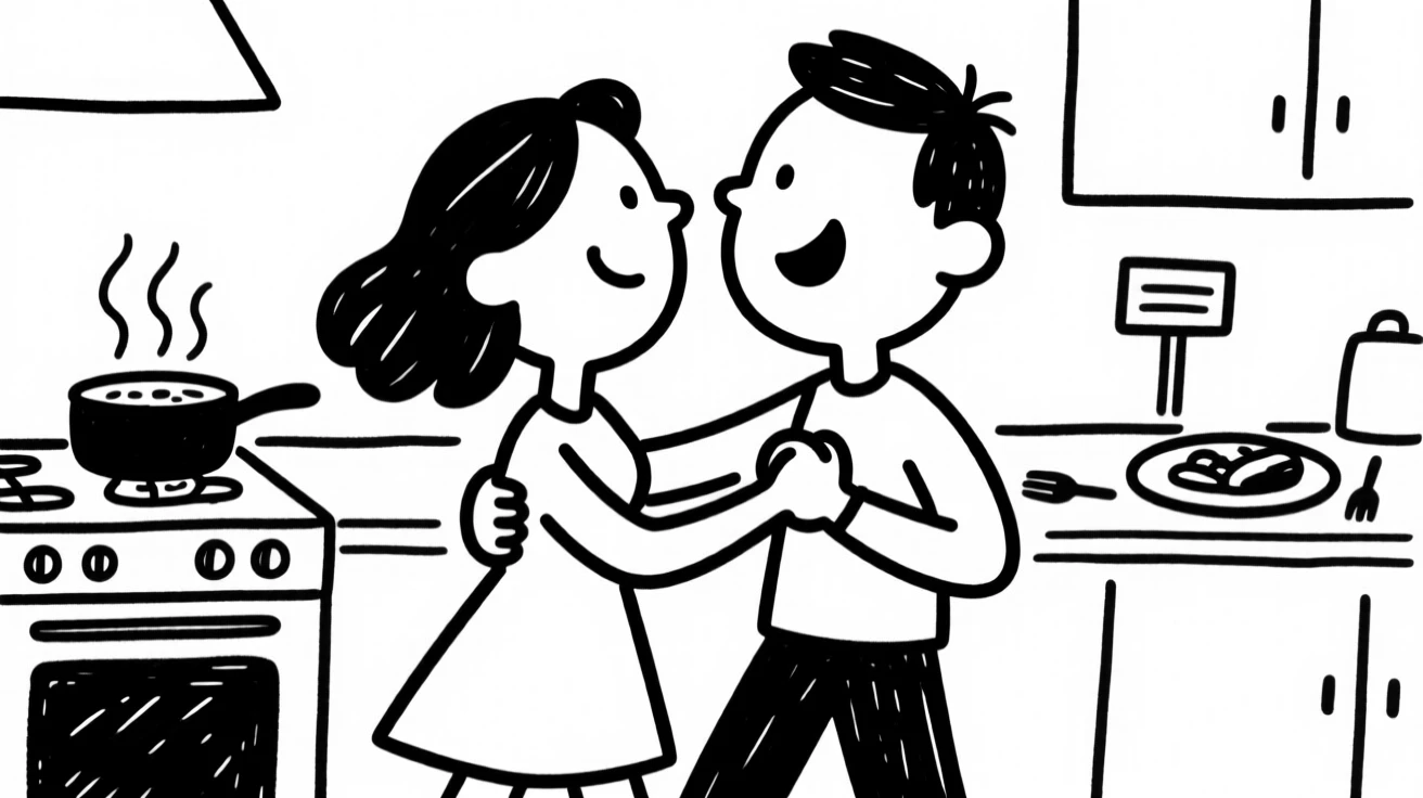 A couple sharing a quiet dance in their kitchen while dinner cooks on the stove.