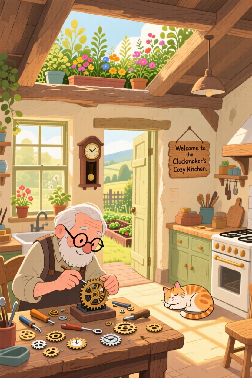 In a countryside farmhouse kitchen, a clockmaker fixing a tiny gear is busy tending a rooftop garden, while a cat naps in a sunny doorway.