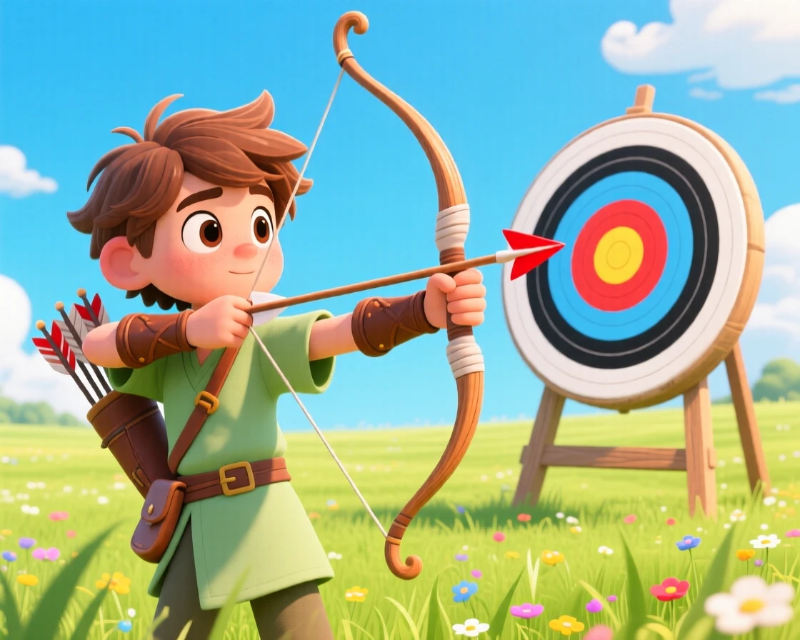 A young archer aiming carefully at a target in a sunny field.
