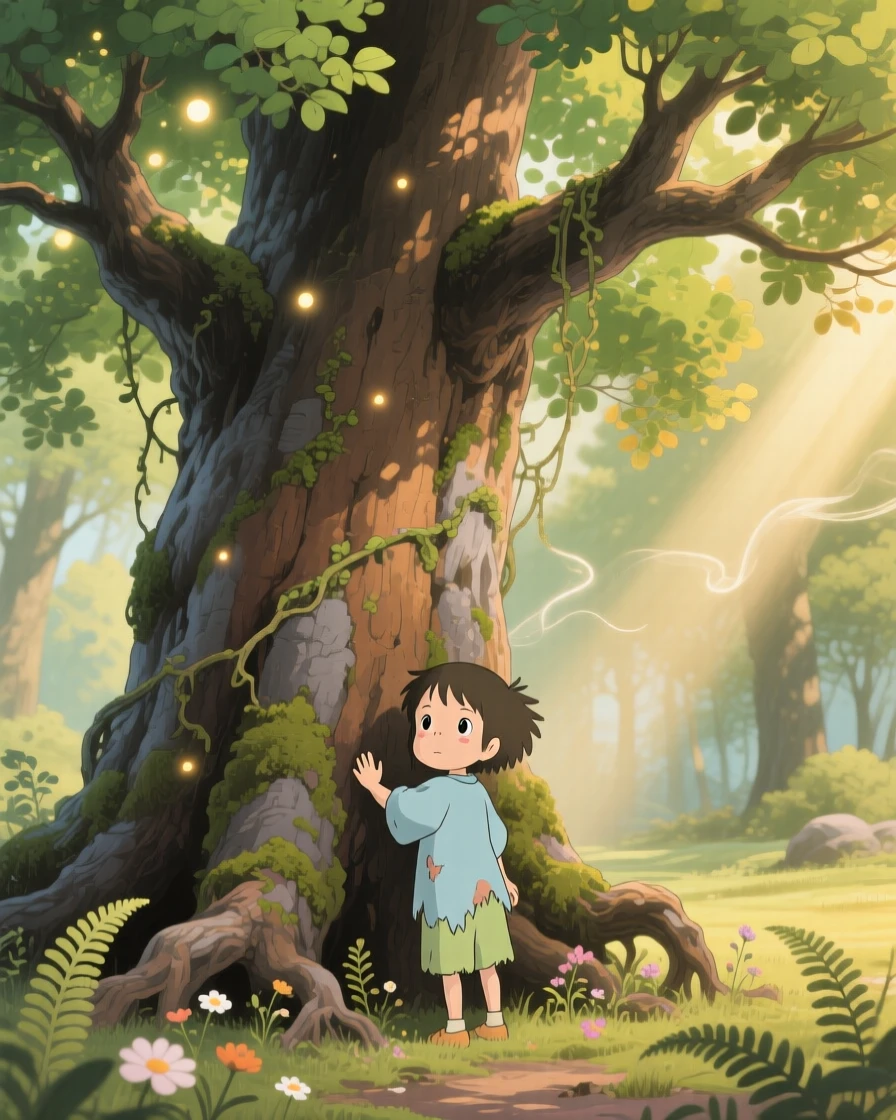 A tender moment of a child looking up in wonder at a giant, ancient tree, the scene warmly nostalgic.