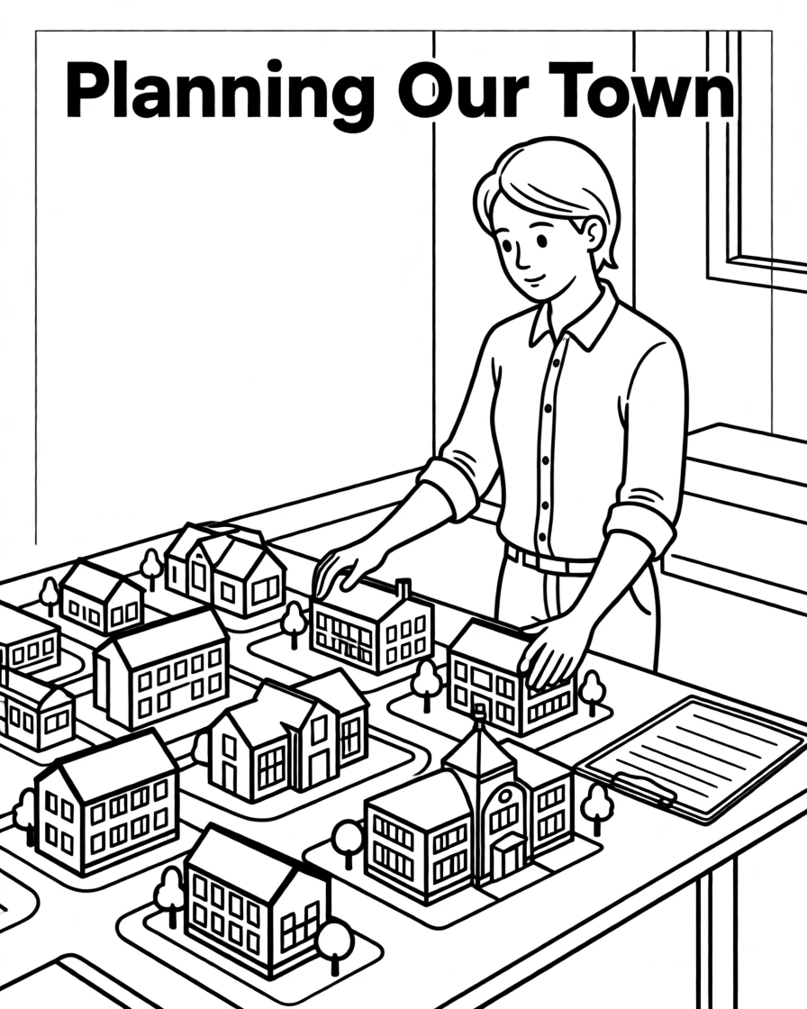 A city planner looking over a model town with tiny buildings