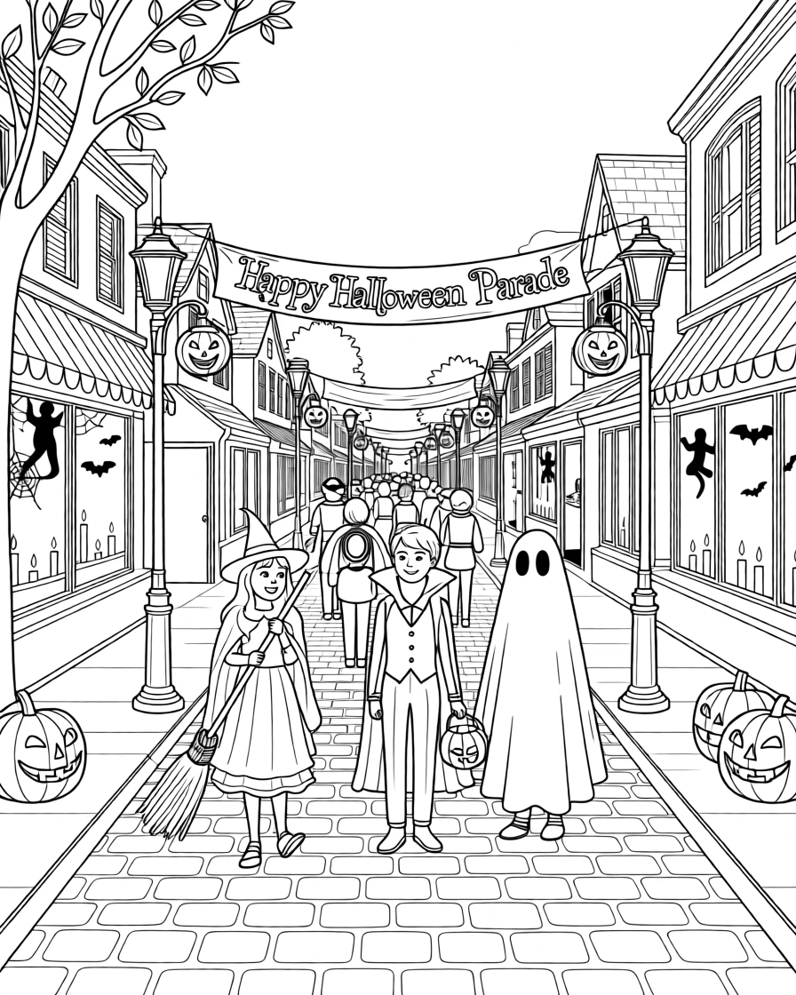 A Halloween costume parade through a lantern-lit street, with a festive glow lighting up nearby windows.