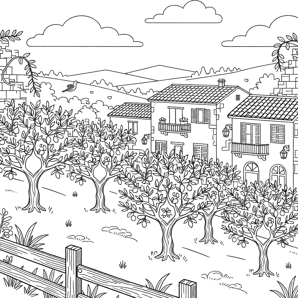 A hillside olive grove overlooking terracotta rooftops.