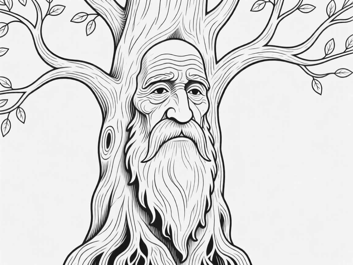 A talking tree with a wise, ancient face carved into its bark