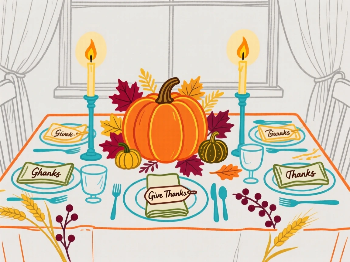A festive table set for Thanksgiving dinner with autumn décor.