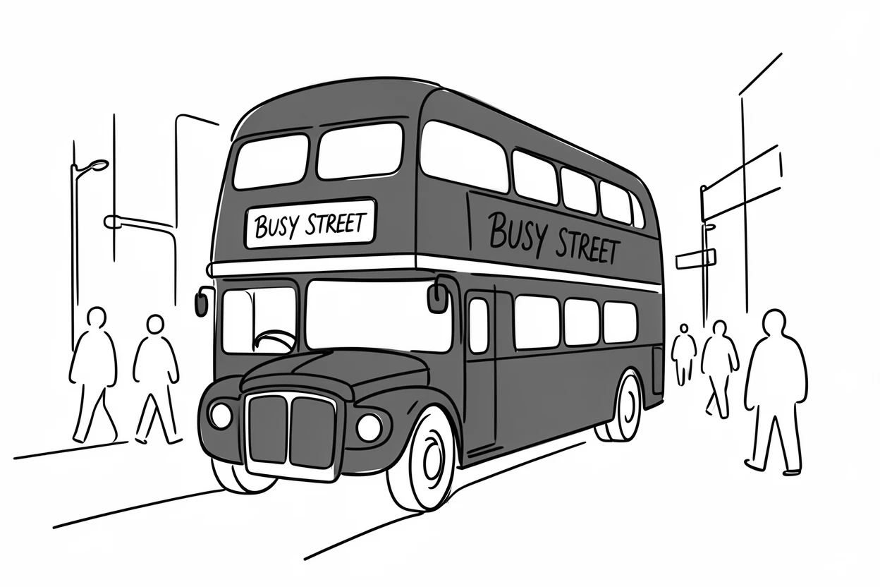 A classic red London double-decker bus driving through a busy street