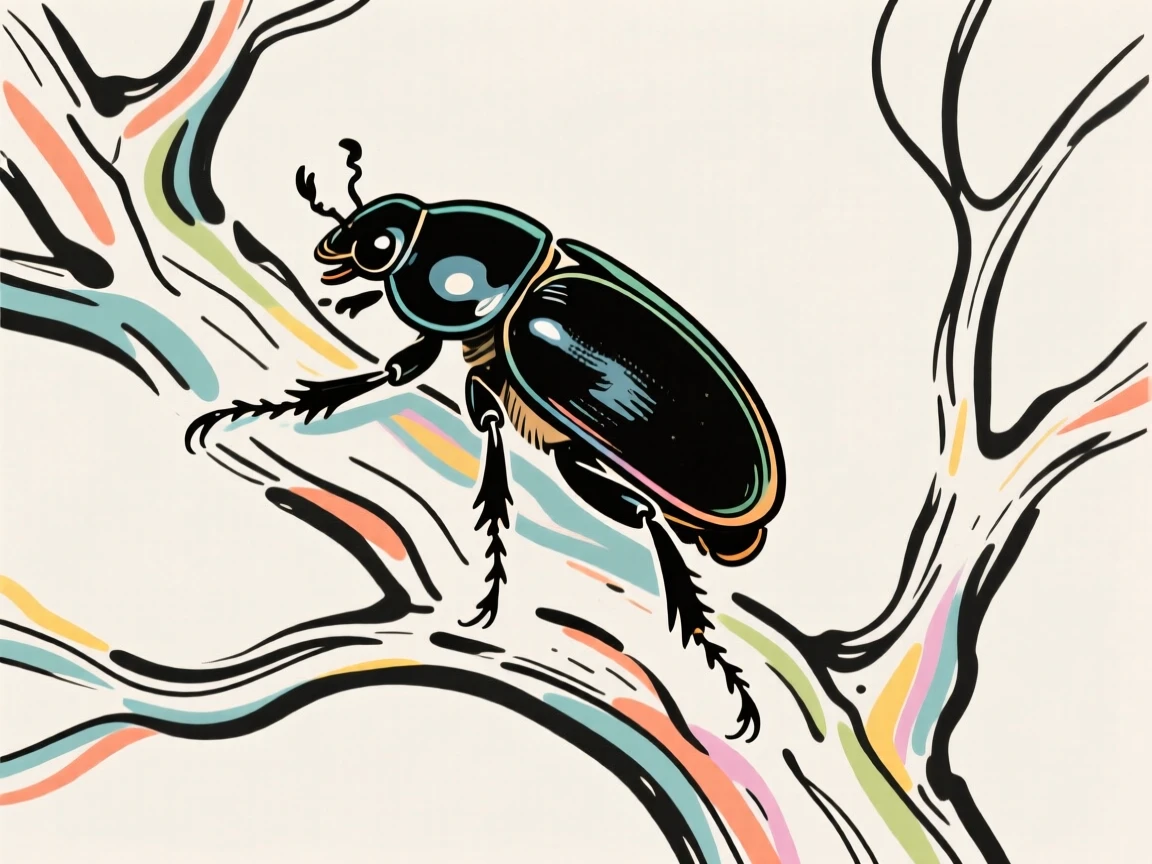 A beetle with a glossy shell climbing along a tree branch.