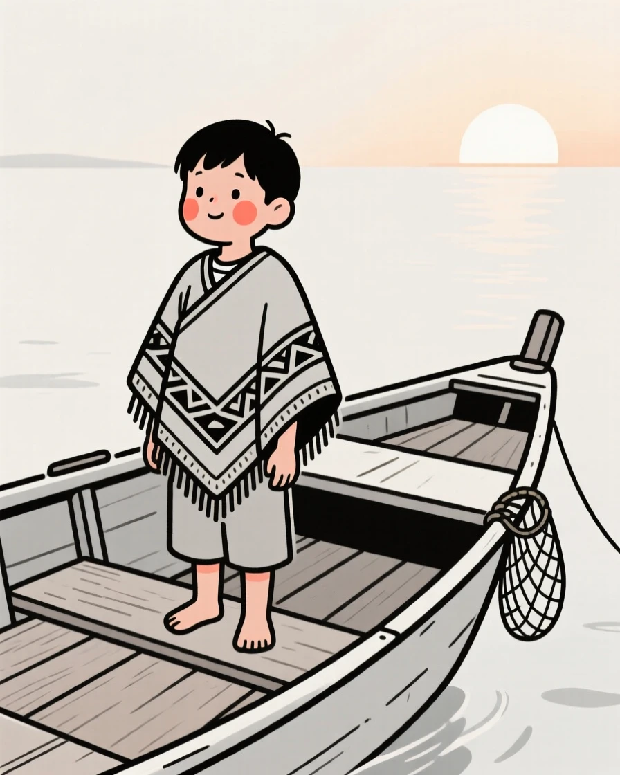 A nine-year-old boy of Korean heritage wearing a Peruvian woven poncho, glowing with nostalgia, on a fishing boat at dawn.