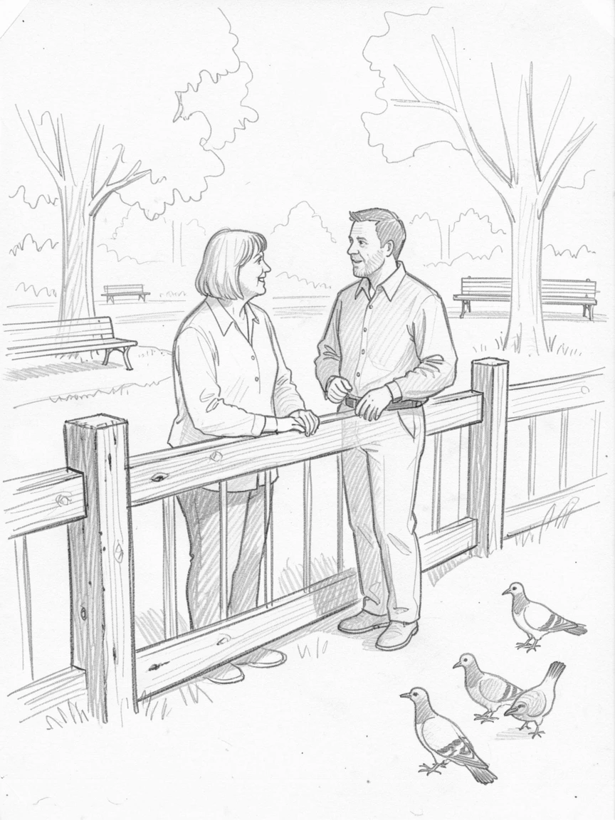 Neighbors chatting over a garden fence, in a peaceful suburban park, with pigeons scattering nearby.