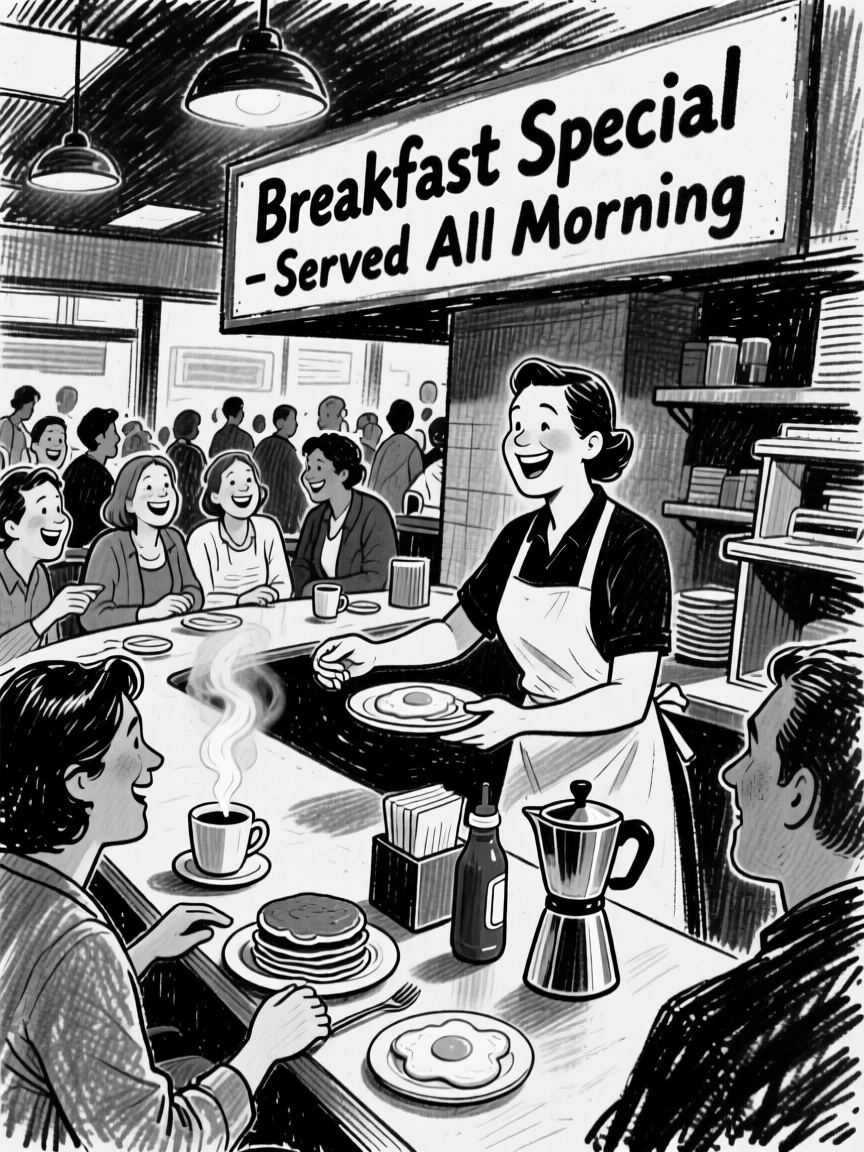 A busy diner counter during the breakfast rush, with everyone smiling and full of warmth.
