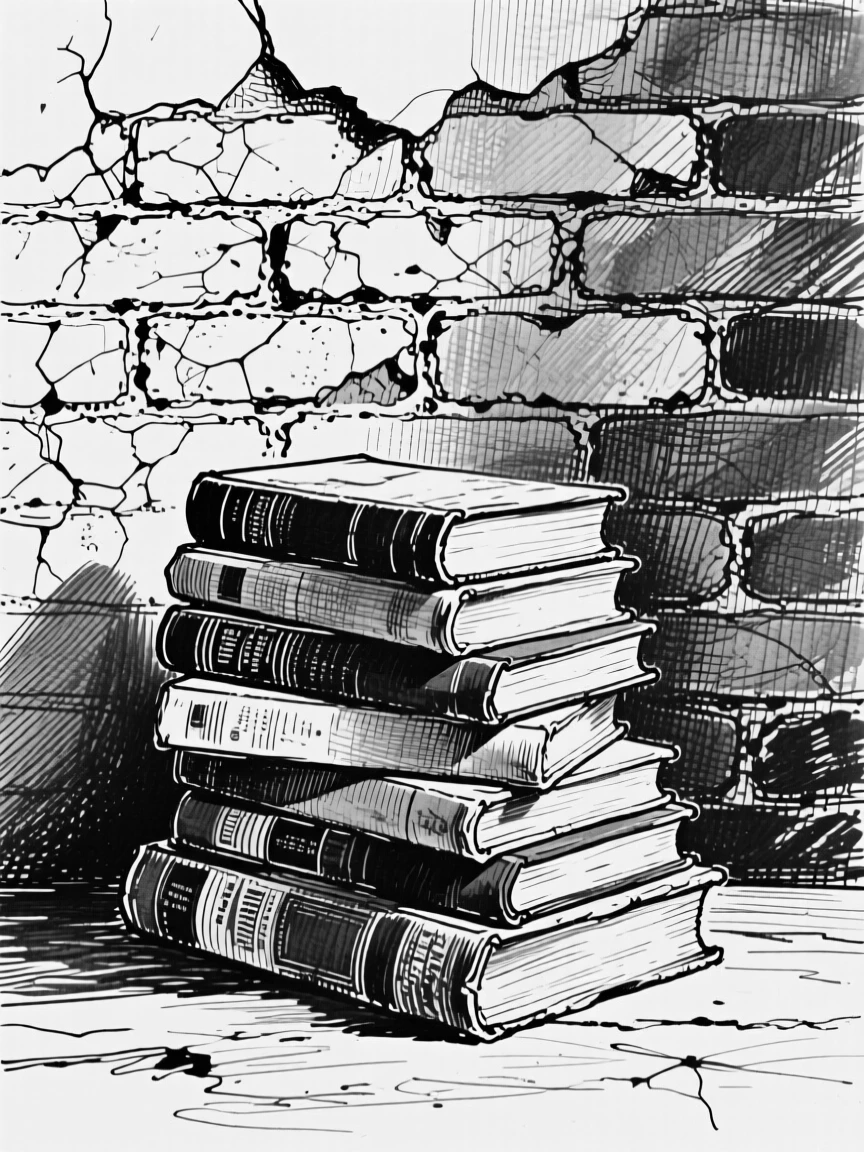 A stack of well-loved books set against a weathered brick wall, with fine scratches telling of years of use, forming an elegantly simple still-life study.