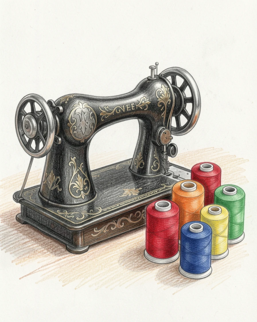 A vintage sewing machine beside spools of colorful thread, with rich textures and fine decorative details, designed to feel timeless and collectible.