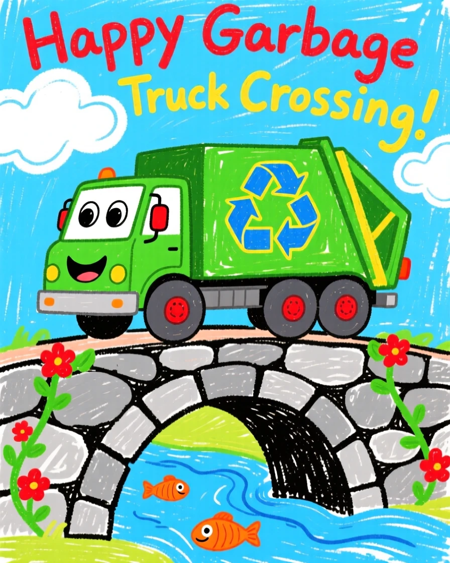 A friendly garbage truck crossing an old stone bridge.