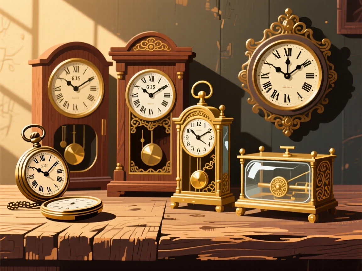 A collection of antique clocks each showing a different time, resting on a weathered wooden surface, arranged in a carefully styled flat lay, with soft golden light highlighting fine craftsmanship.