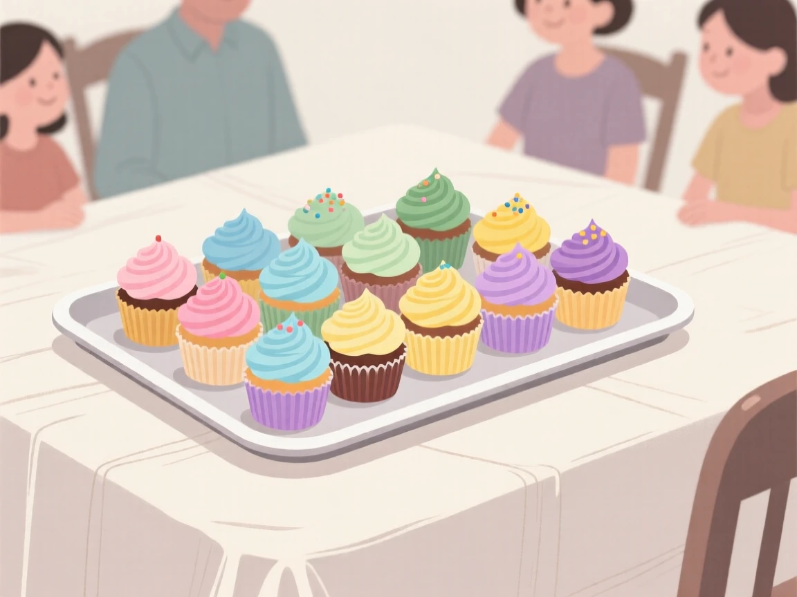 A tray of colorful cupcakes beautifully displayed on a linen tablecloth at a family gathering.