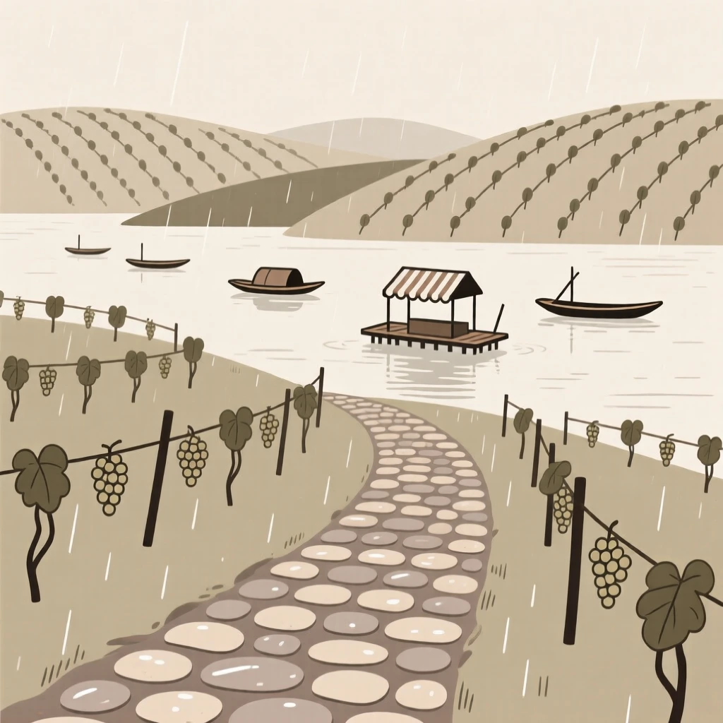 A journey through a countryside dotted with vineyards toward a floating market, passing cobblestone streets glistening with rain, full of quiet discovery.