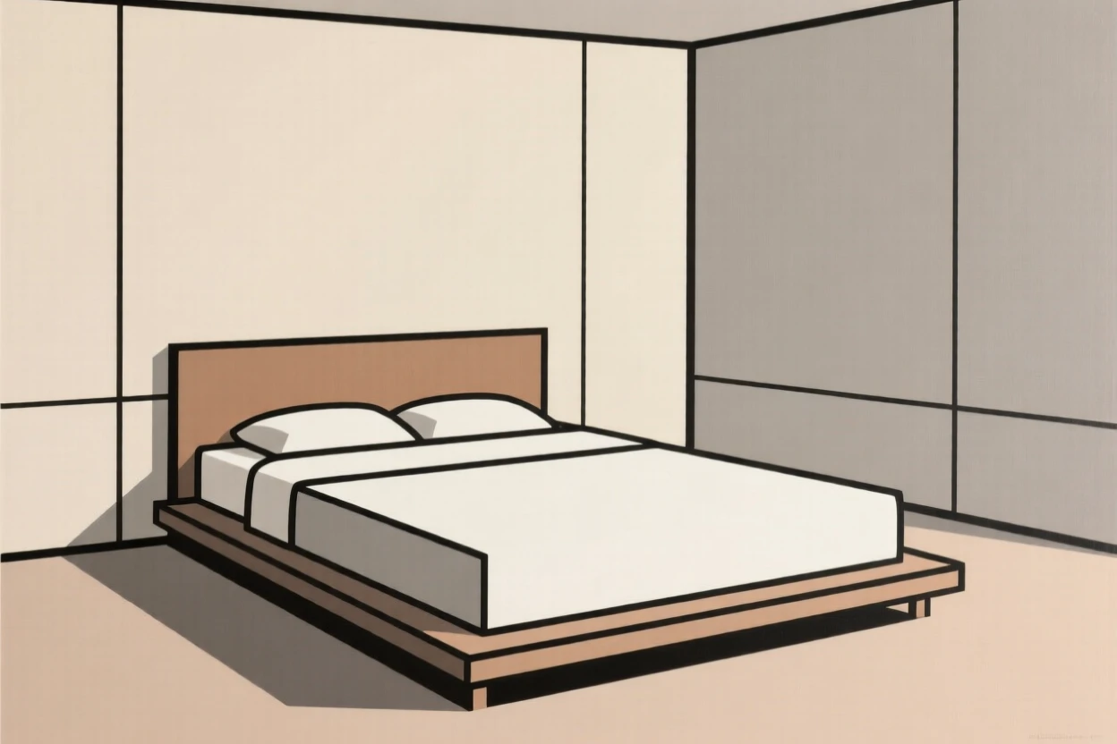 A minimalist bedroom with a low platform bed