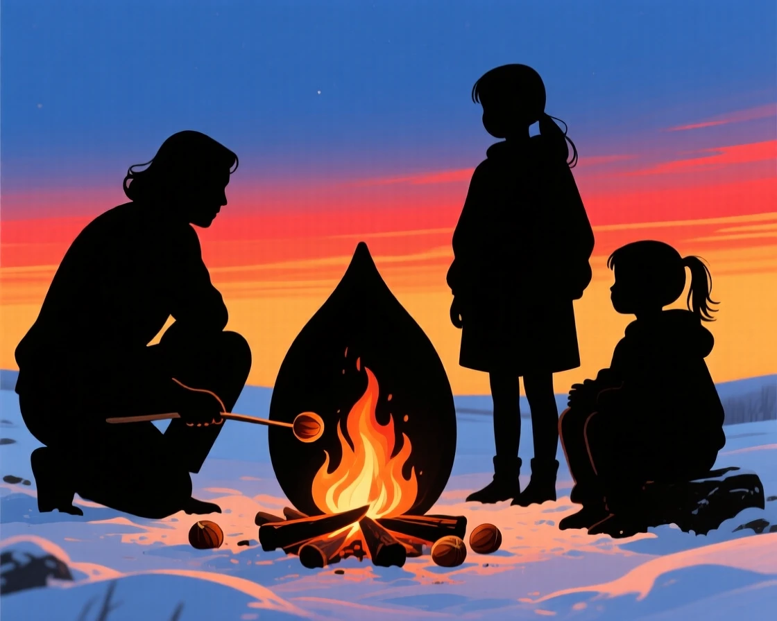 A family roasting chestnuts over an open fire on a cold winter evening.