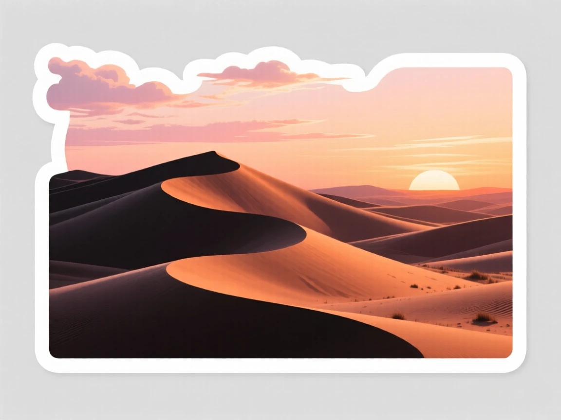 An idyllic windswept sand dunes at sunset, with soft clouds drifting overhead, untouched and wonderfully quiet.