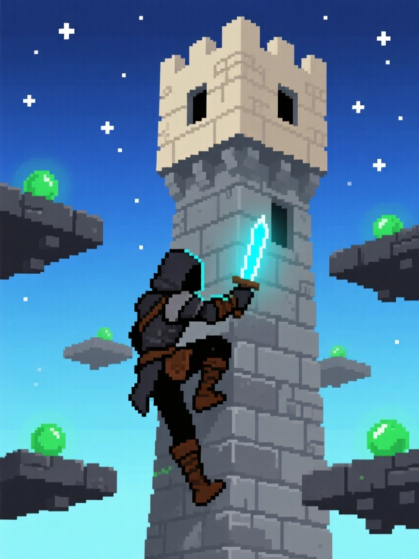 A rogue with a glowing dagger climbing a tower guarded by floating platforms, atop a floating sky fortress.
