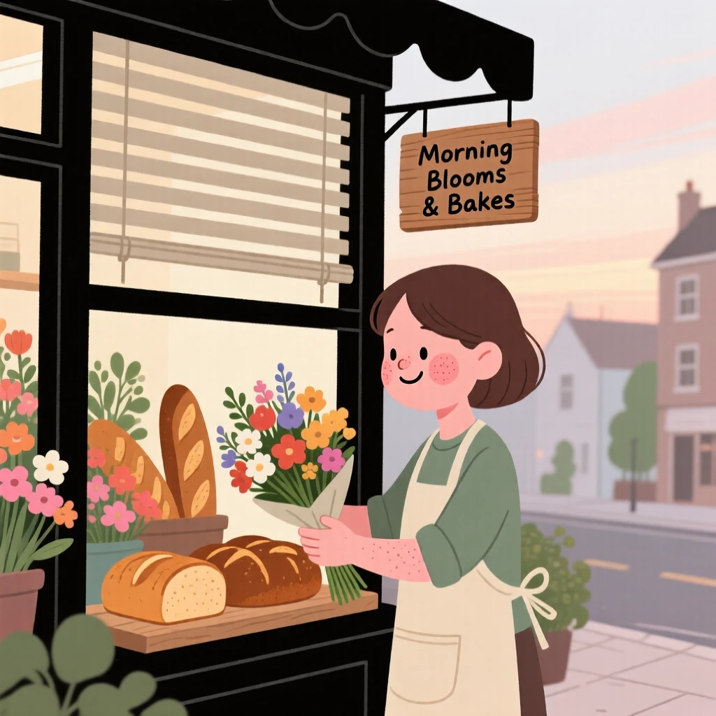 A young florist opens the shutters of a small flower shop at dawn, arranging warm loaves of bread in the window as the street slowly wakes up.