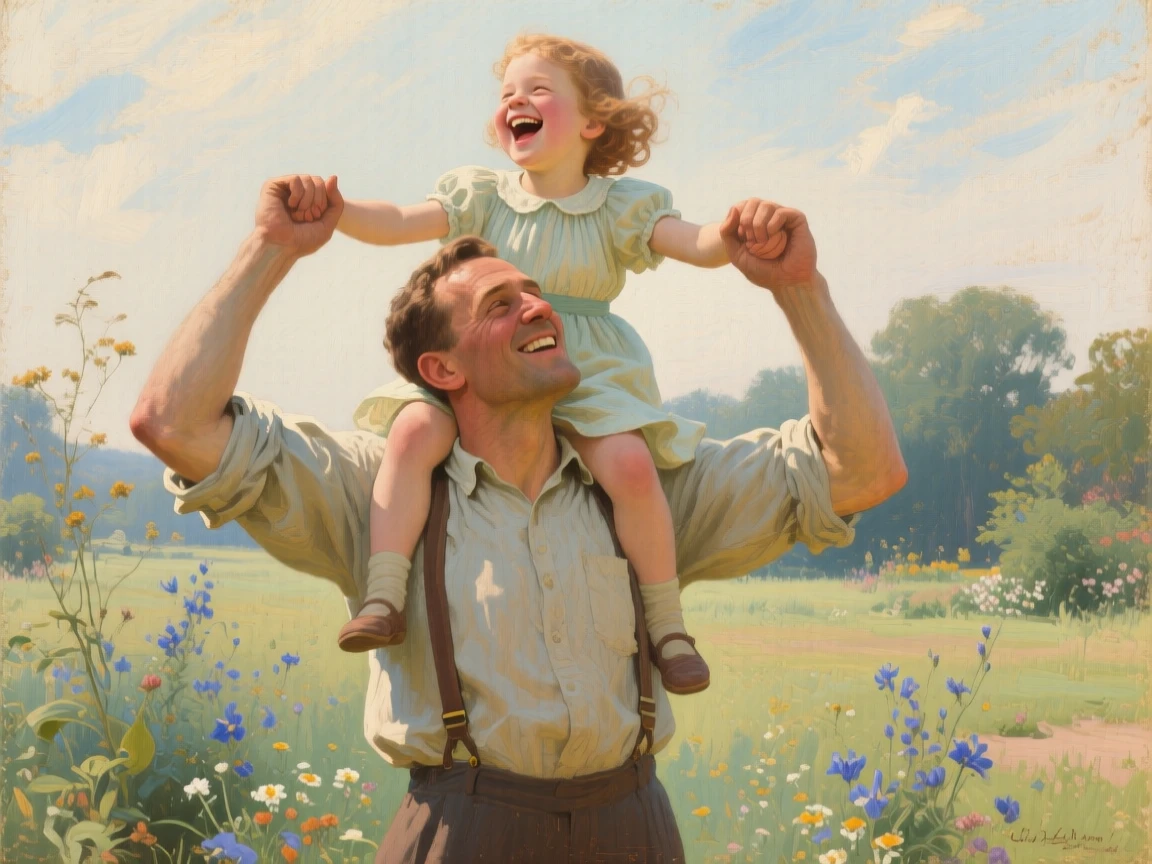 A centered composition of a proud father lifting his laughing daughter onto his shoulders, in a soft summer breeze, in the 1930s.