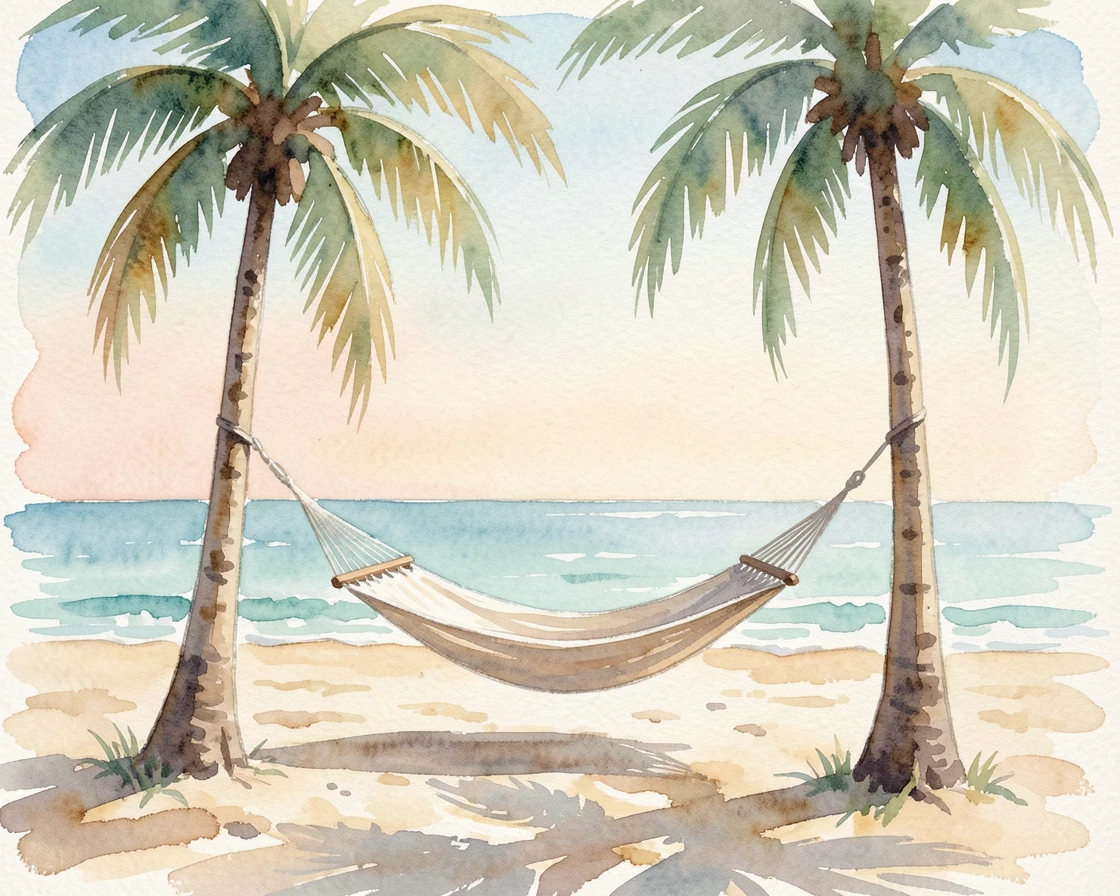A hammock strung between two palm trees on an empty beach.