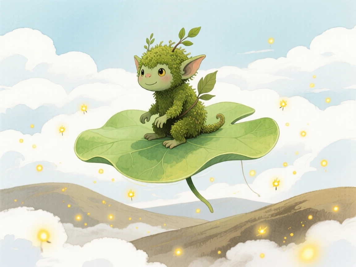 A tiny moss troll rides atop a drifting lily pad in a cloud kingdom above the hills, as tiny lights twinkle all around