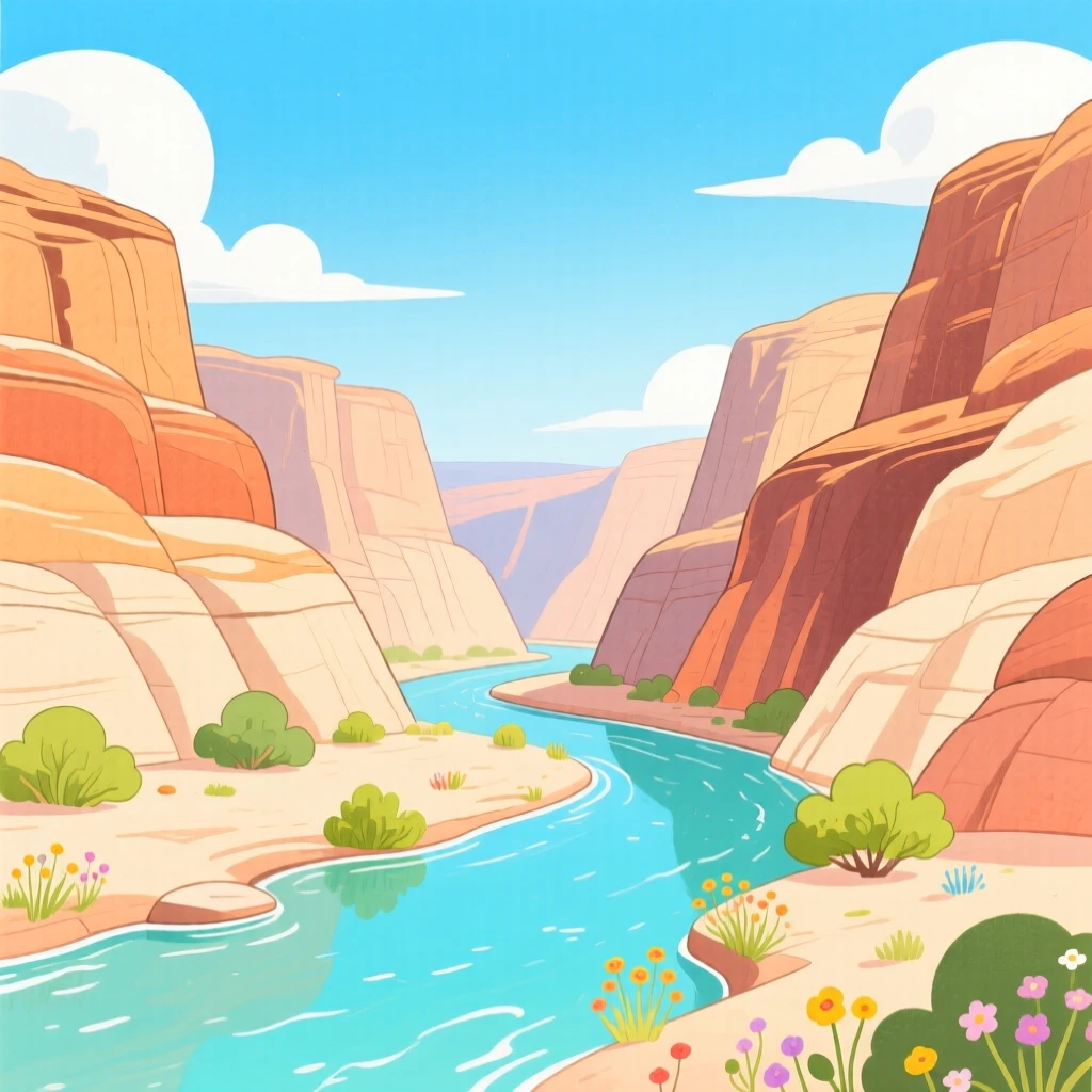 A panoramic scene of a canyon carved by an ancient river in the height of summer.