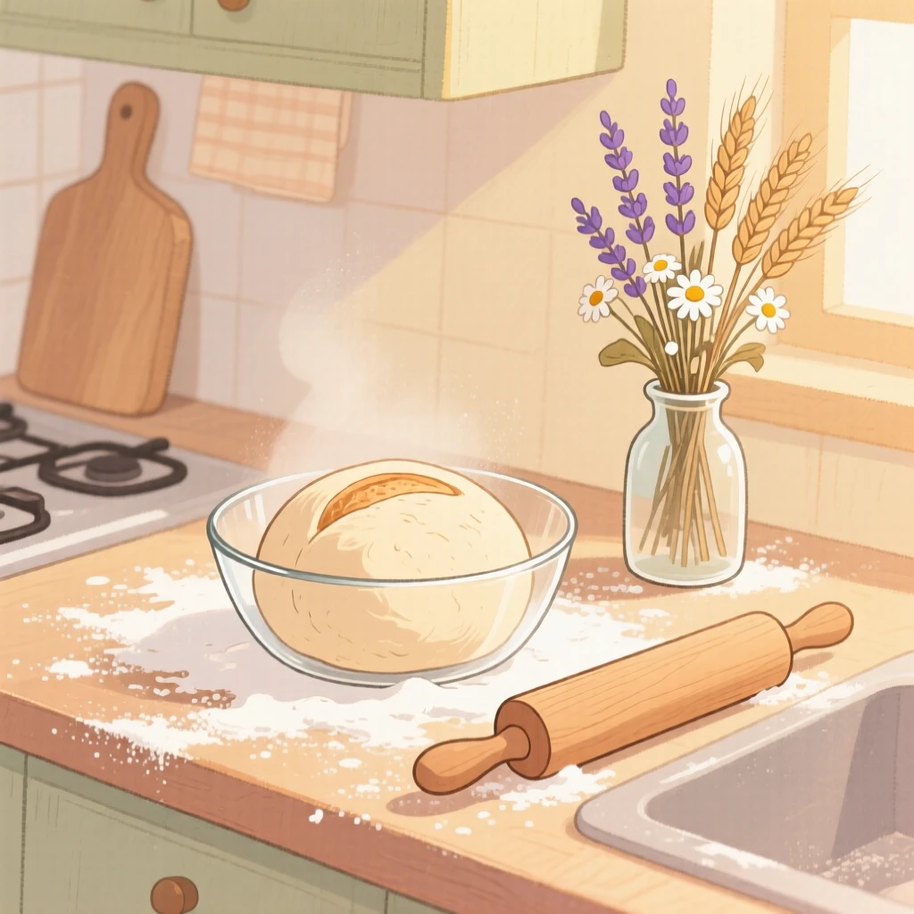 A kitchen counter dusted with flour as bread dough rises beside a rolling pin, with dried flowers tucked into a small vase, radiating warmth and homely peace.