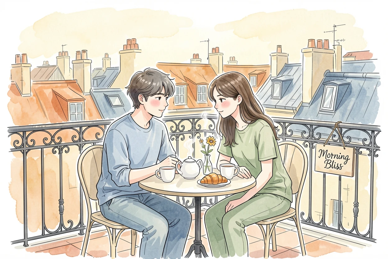 A young couple sharing a quiet breakfast on a sunlit balcony overlooking the rooftops, the surrounding setting adding a sense of everyday charm.