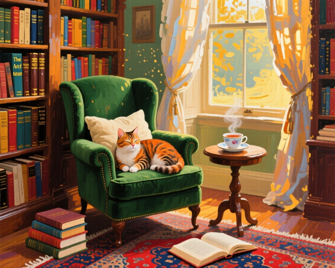 A sunlit reading nook filled with stacked books, beside tall bookshelves reaching to the ceiling, a cat curled contentedly on a cushion, in the soft, golden light of late afternoon.