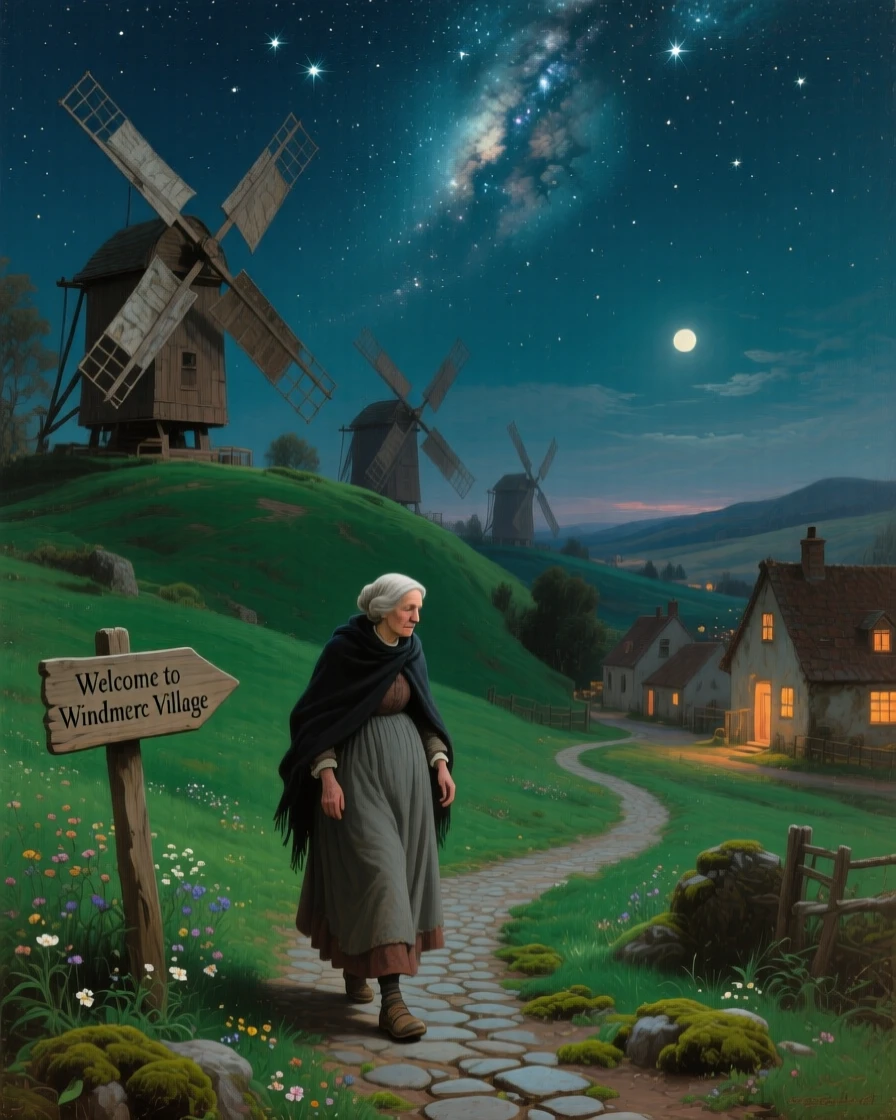 An old woman walks through a windmill village on a green hill under a canopy of stars.