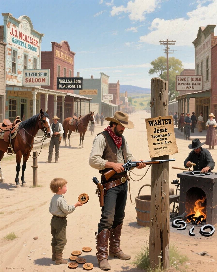 A Wild West town with cowboys and horses lining a dusty main street, with intricate cultural details woven throughout the composition, capturing the grandeur and detail of a bygone era