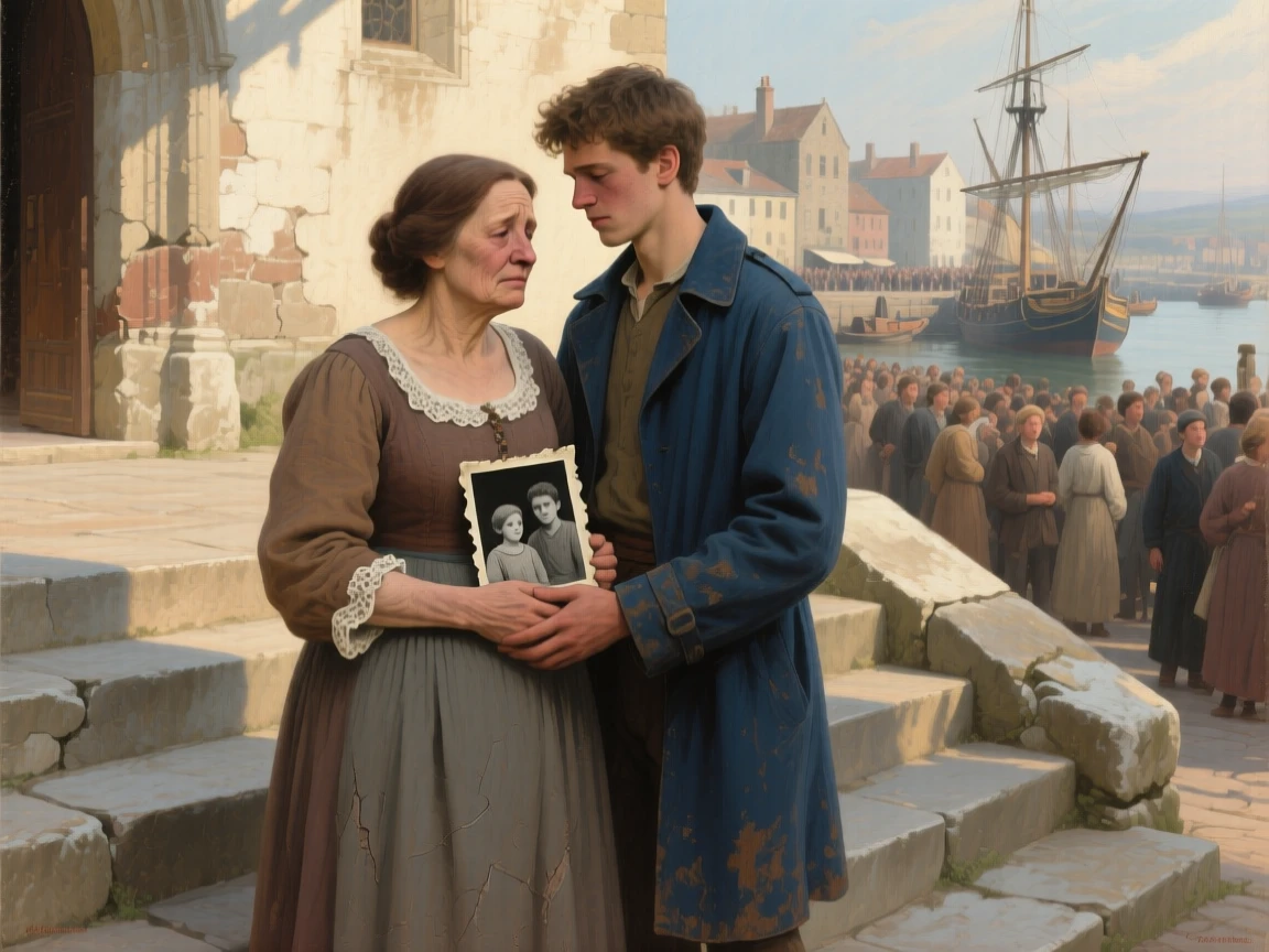 A mother reuniting with her long-lost son at a bustling harbor in a gesture that speaks louder than words, set on the worn steps of a village church, with a faded photograph clutched tightly to a chest; diagonal light spills across the reunited figures, isolating them from the crowd, radiating hope restored after long hardship.