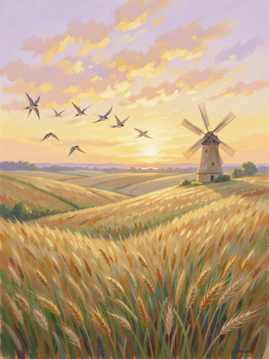 Rolling wheat fields under a wide golden sky, a single windmill standing at the edge, swallows dipping low over the grain, at golden sunrise.