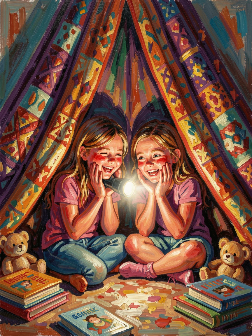 Two sisters sharing a secret and giggling beneath a blanket fort lit by flashlight.