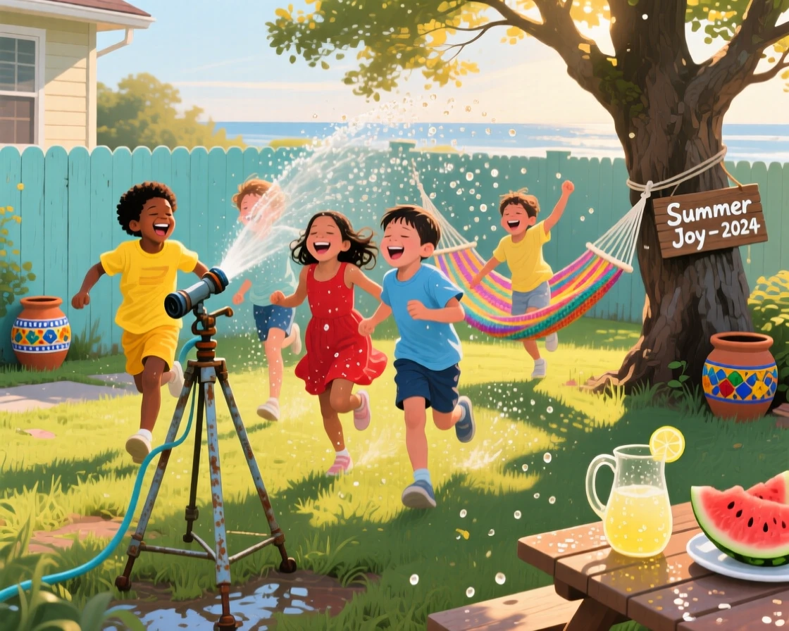 A joyful group of children run through a sprinkler on a hot summer afternoon, water droplets catching sunlight as laughter fills the yard, their surroundings offering subtle clues about culture, place, and the moment being lived.
