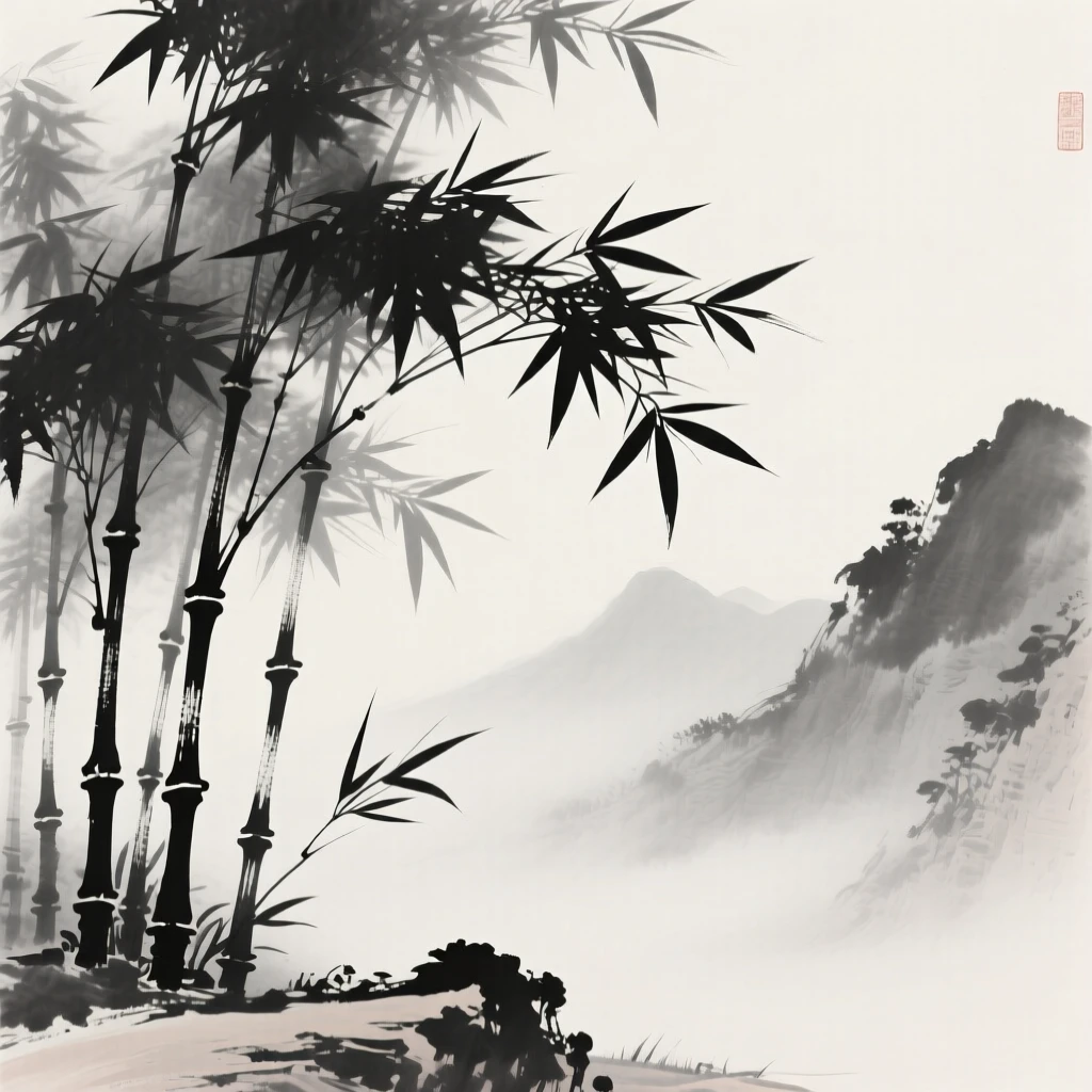 A grove of bamboo bends gracefully in a mountain breeze, with morning mist still clinging to the leaves.