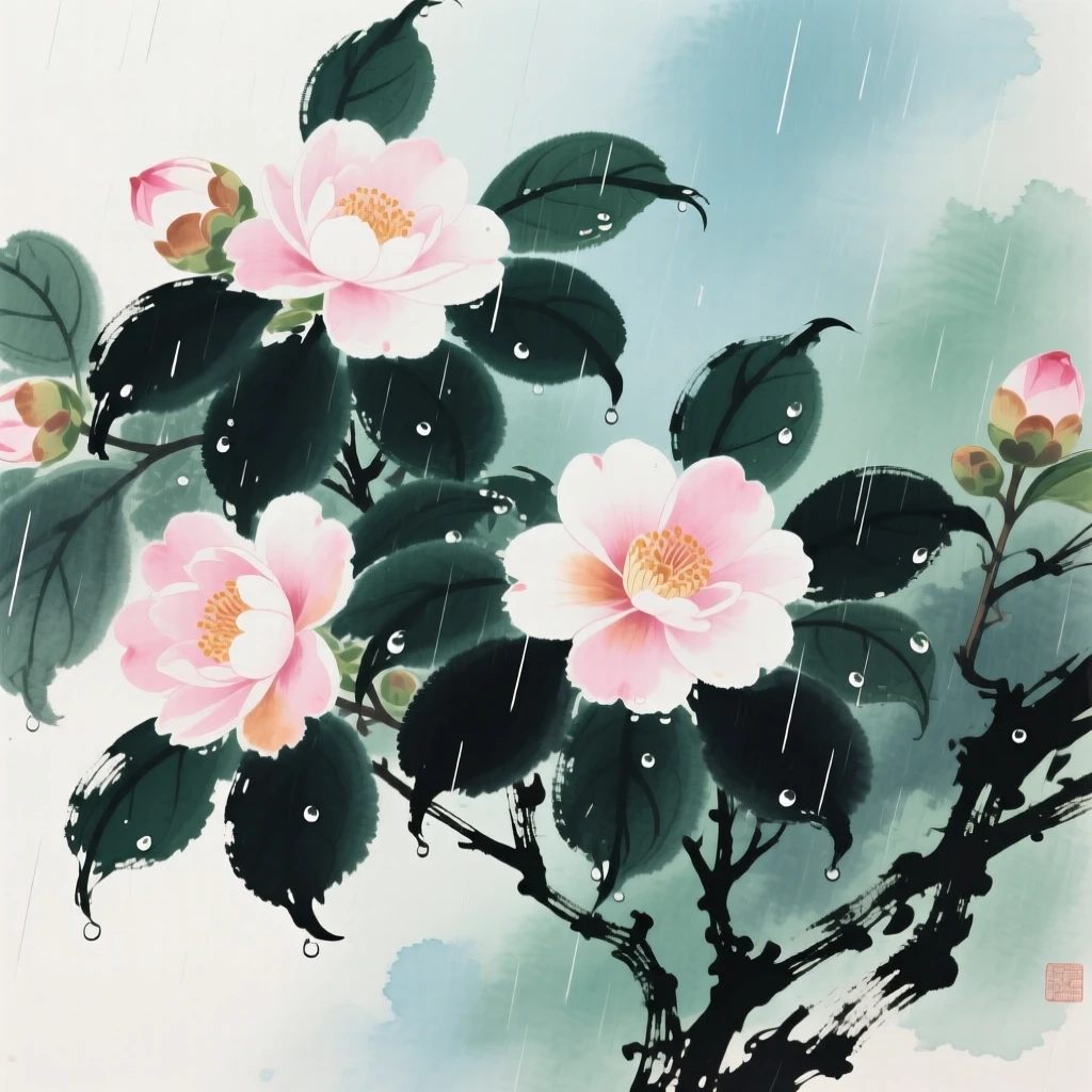 Camellias blooming brightly against a background of dark green leaves, just after a rain shower, carrying a mood of wistful nostalgia.